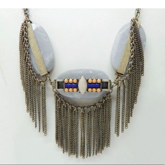 Vintage Jewelry - Vintage Semi Precious Stone And Antiqued Brass Tassel Boho Necklace